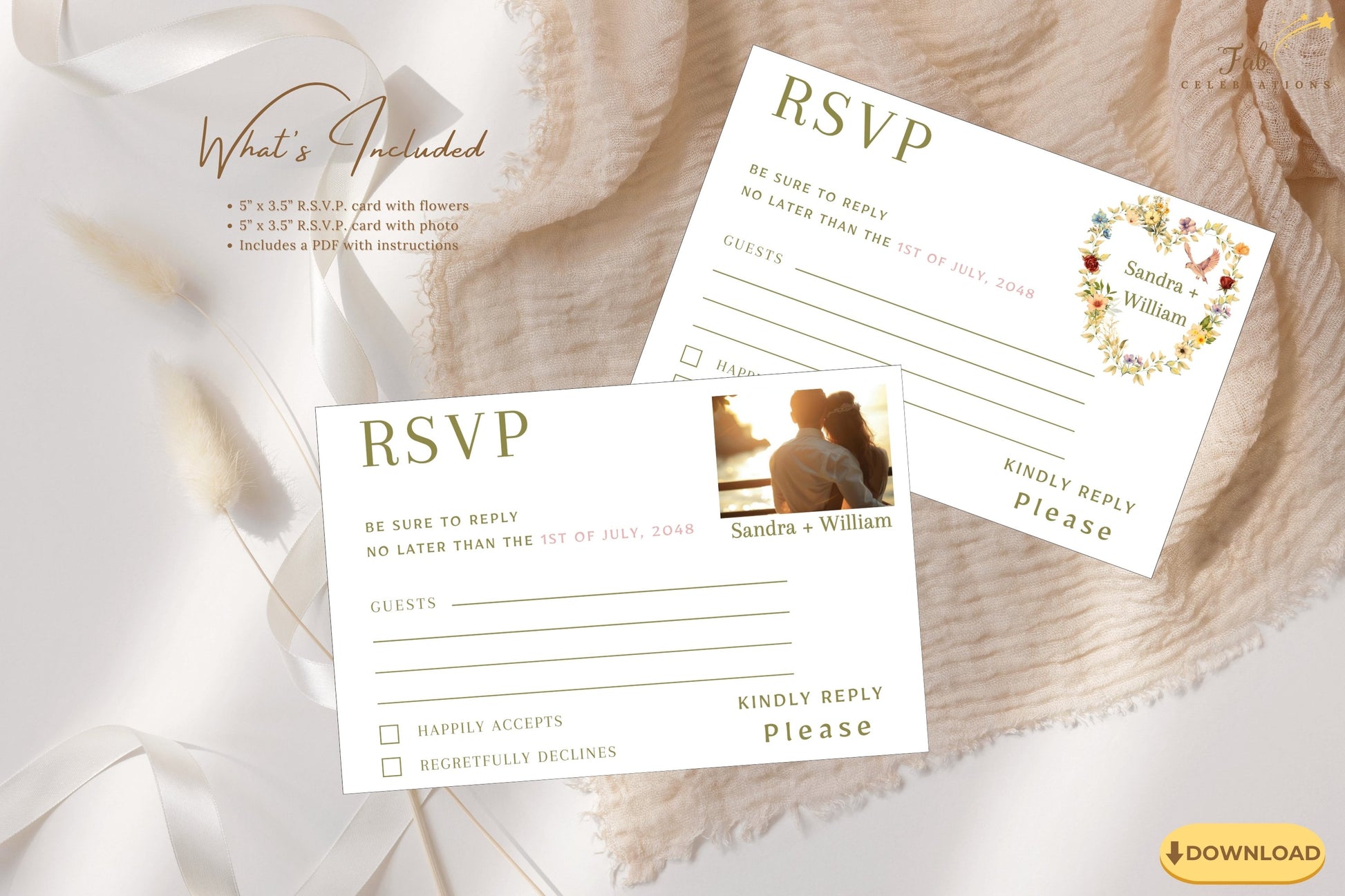 Editable Romantic Wedding RSVP Card with delicate watercolor florals, soft botanical colors and graceful dove symbolism creating a timeless printable Canva response card.