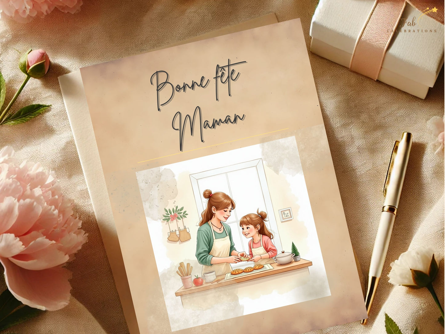 Bonne Fête Maman Card Printable featuring a tender mother and daughter baking together in a cozy kitchen scene, illustrated in soft watercolor-inspired pastel tones with elegant French-inspired typography.