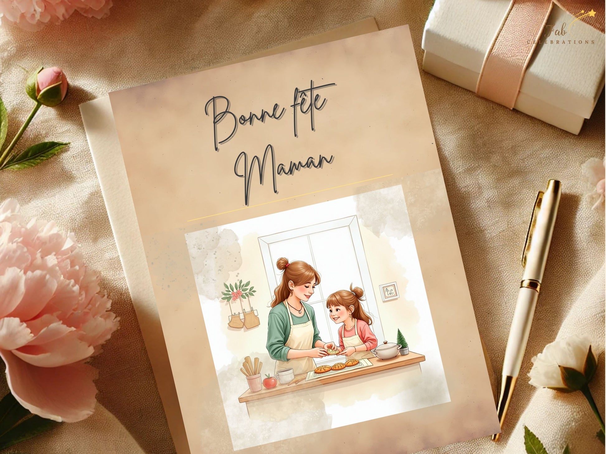 Bonne Fête Maman Card Printable featuring a tender mother and daughter baking together in a cozy kitchen scene, illustrated in soft watercolor-inspired pastel tones with elegant French-inspired typography.