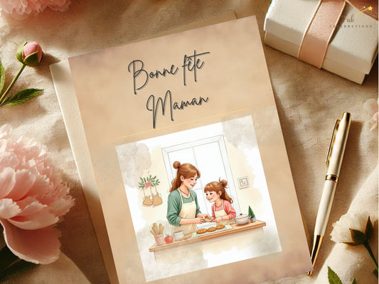 Bonne Fête Maman Card Printable featuring a tender mother and daughter baking together in a cozy kitchen scene, illustrated in soft watercolor-inspired pastel tones with elegant French-inspired typography.