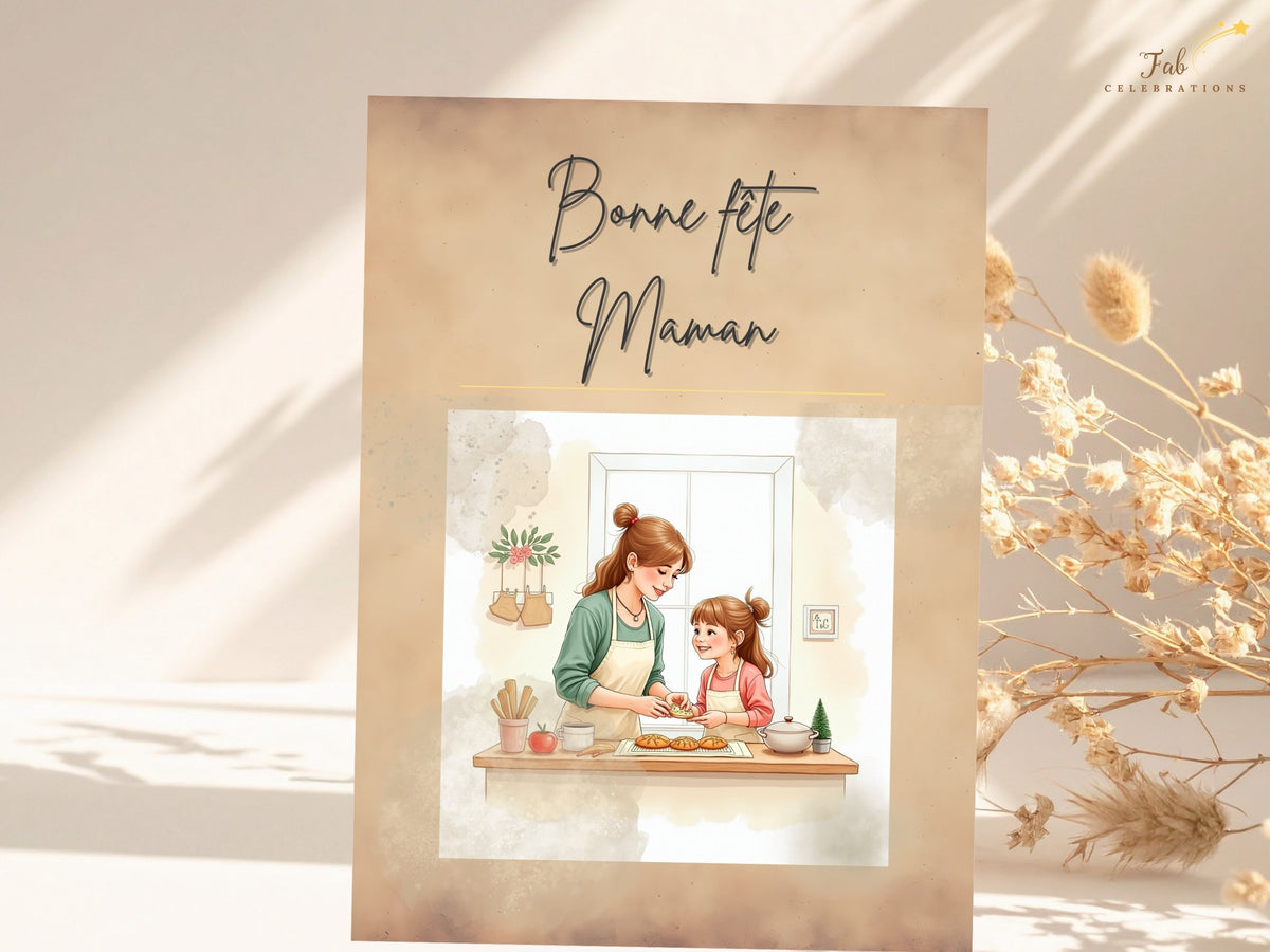 French Mother’s Day printable card with “Bonne fête Maman” lettering, a watercolor-inspired illustration of a mother and daughter baking together, and a warm beige design. Personalize it in Canva.