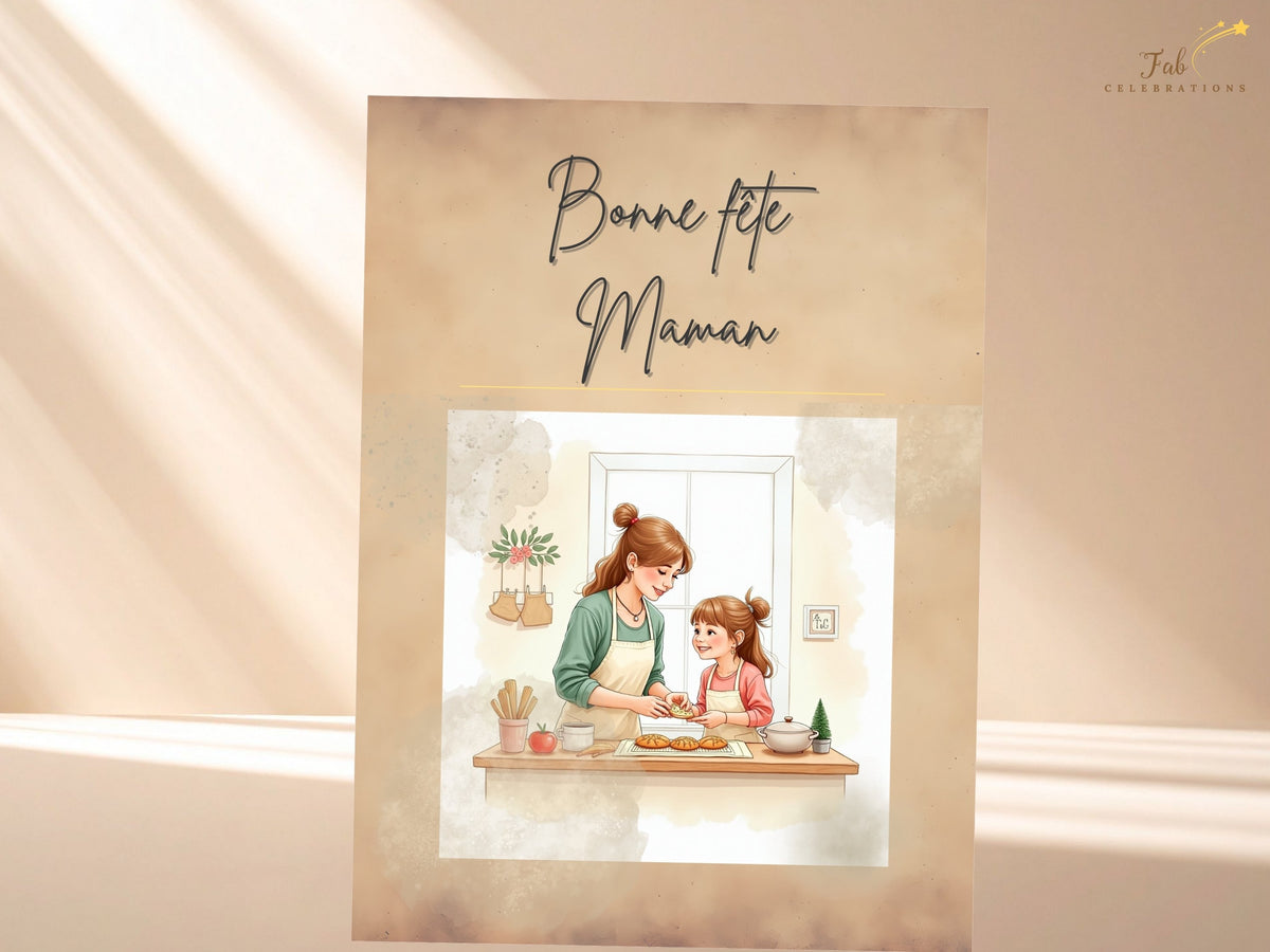 French Mother’s Day printable card with “Bonne fête Maman” lettering, a watercolor-inspired illustration of a mother and daughter baking together, and a warm beige design. Personalize it in Canva.