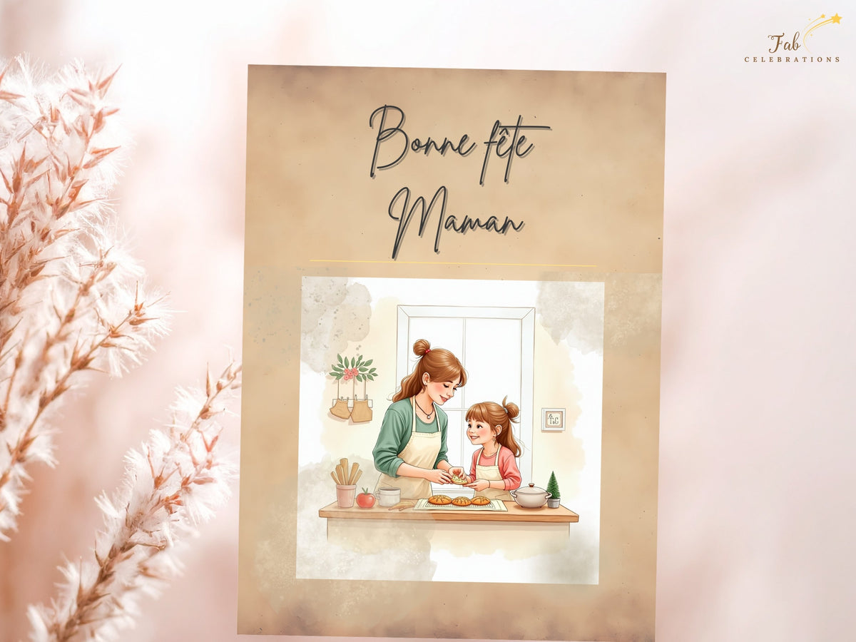 French Mother’s Day printable card with “Bonne fête Maman” lettering, a watercolor-inspired illustration of a mother and daughter baking together, and a warm beige design. Personalize it in Canva.