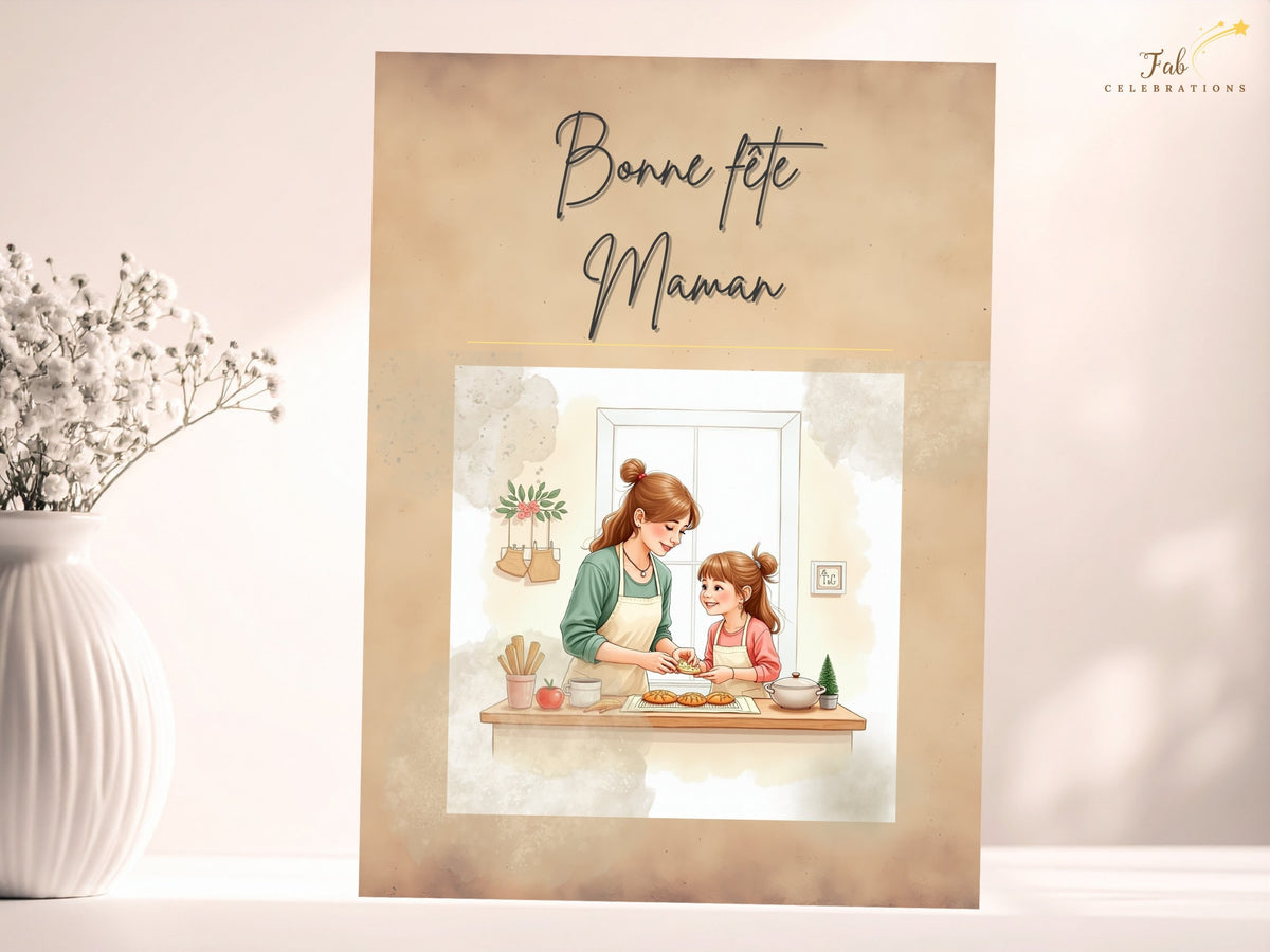 French Mother’s Day printable card with “Bonne fête Maman” lettering, a watercolor-inspired illustration of a mother and daughter baking together, and a warm beige design. Personalize it in Canva.