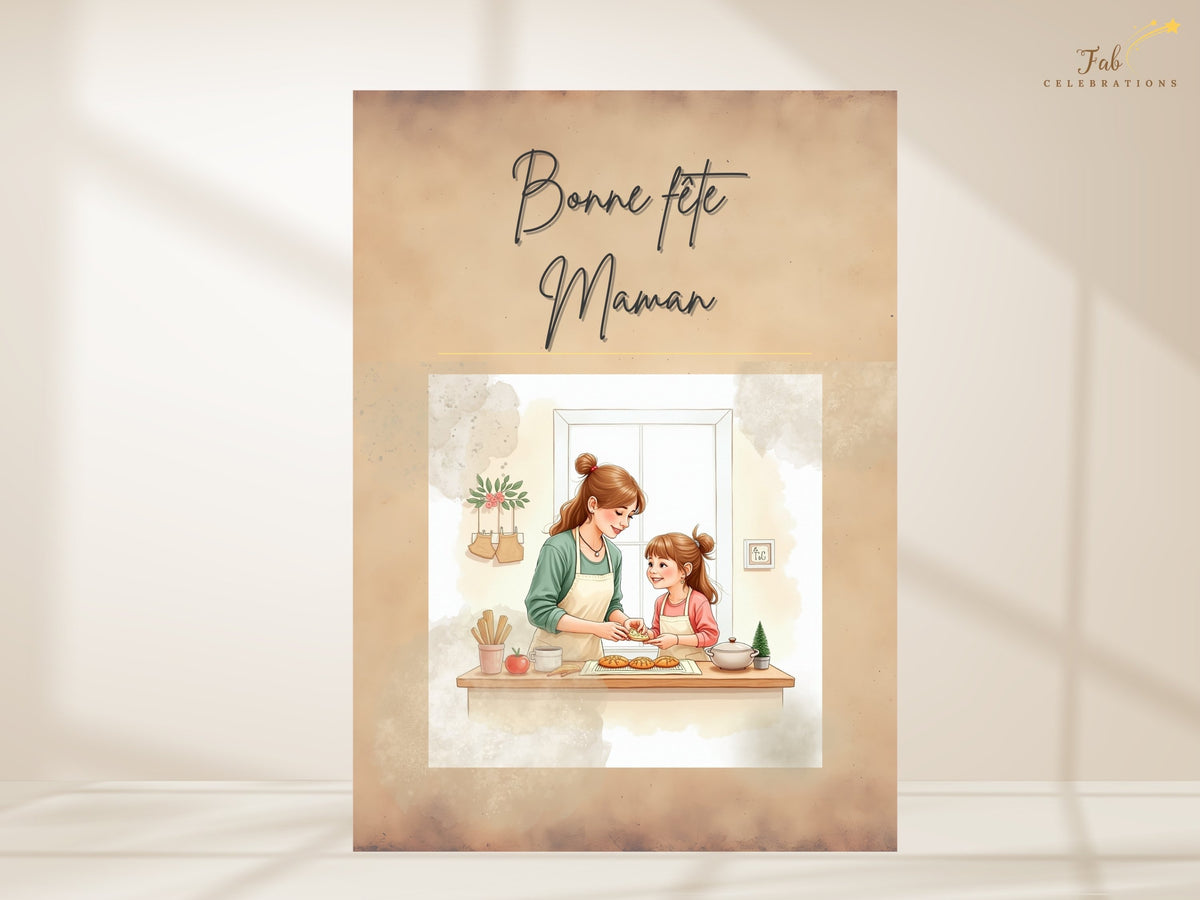 French Mother’s Day printable card with “Bonne fête Maman” lettering, a watercolor-inspired illustration of a mother and daughter baking together, and a warm beige design. Personalize it in Canva.