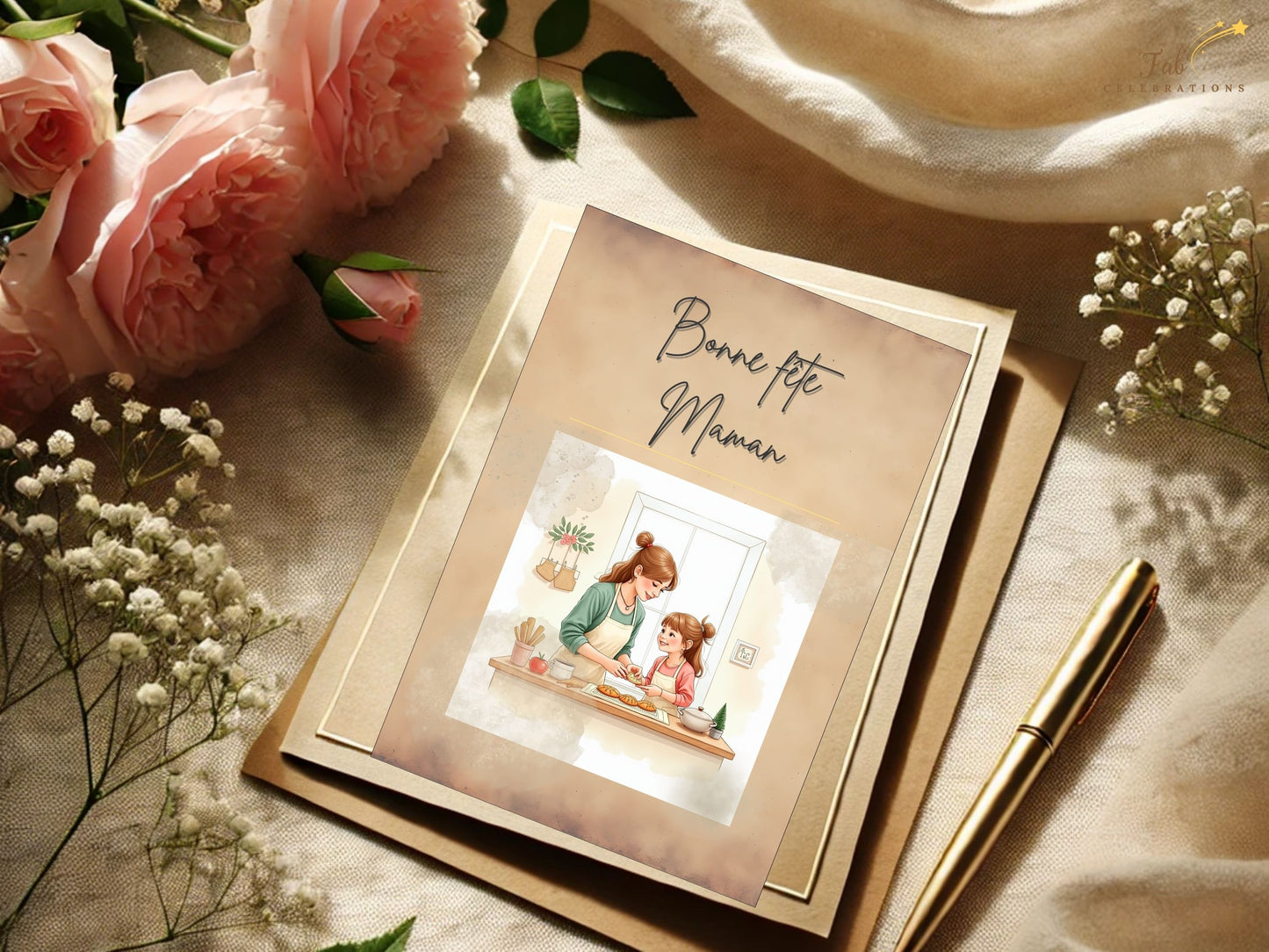 Bonne Fête Maman Card Printable editable Canva template preview demonstrating easy personalization of text and layout, featuring refined pastel tones and graceful French-inspired composition.