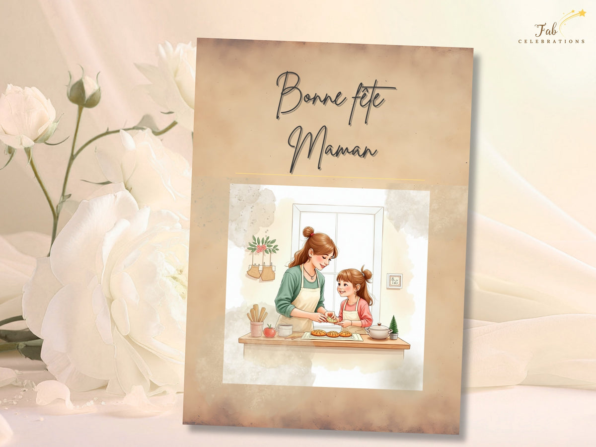 French Mother’s Day printable card with “Bonne fête Maman” lettering, a watercolor-inspired illustration of a mother and daughter baking together, and a warm beige design. Personalize it in Canva.