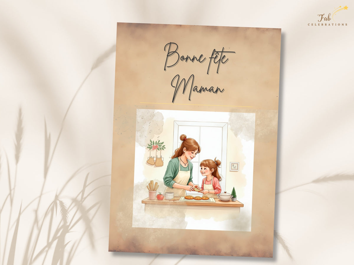 French Mother’s Day printable card with “Bonne fête Maman” lettering, a watercolor-inspired illustration of a mother and daughter baking together, and a warm beige design. Personalize it in Canva.