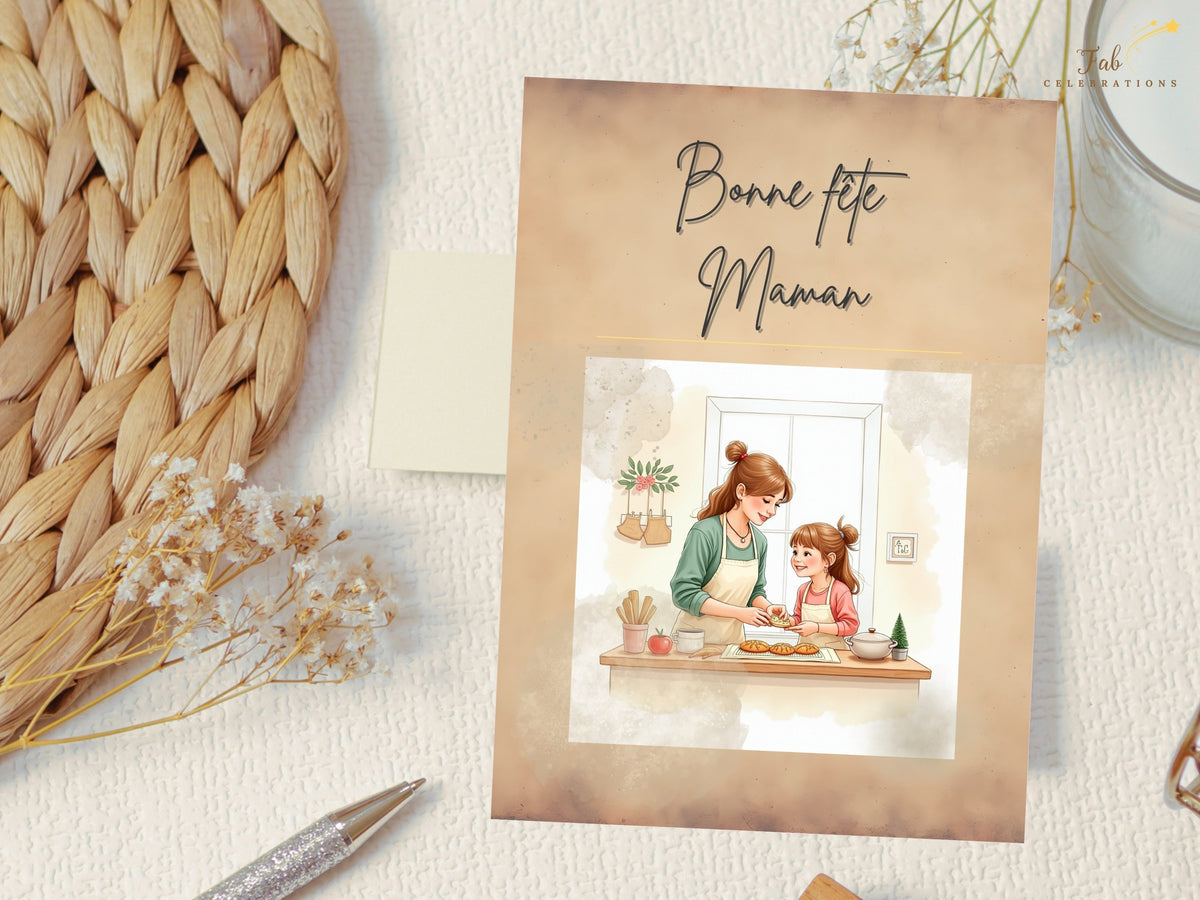 French Mother’s Day printable card with “Bonne fête Maman” lettering, a watercolor-inspired illustration of a mother and daughter baking together, and a warm beige design. Personalize it in Canva.