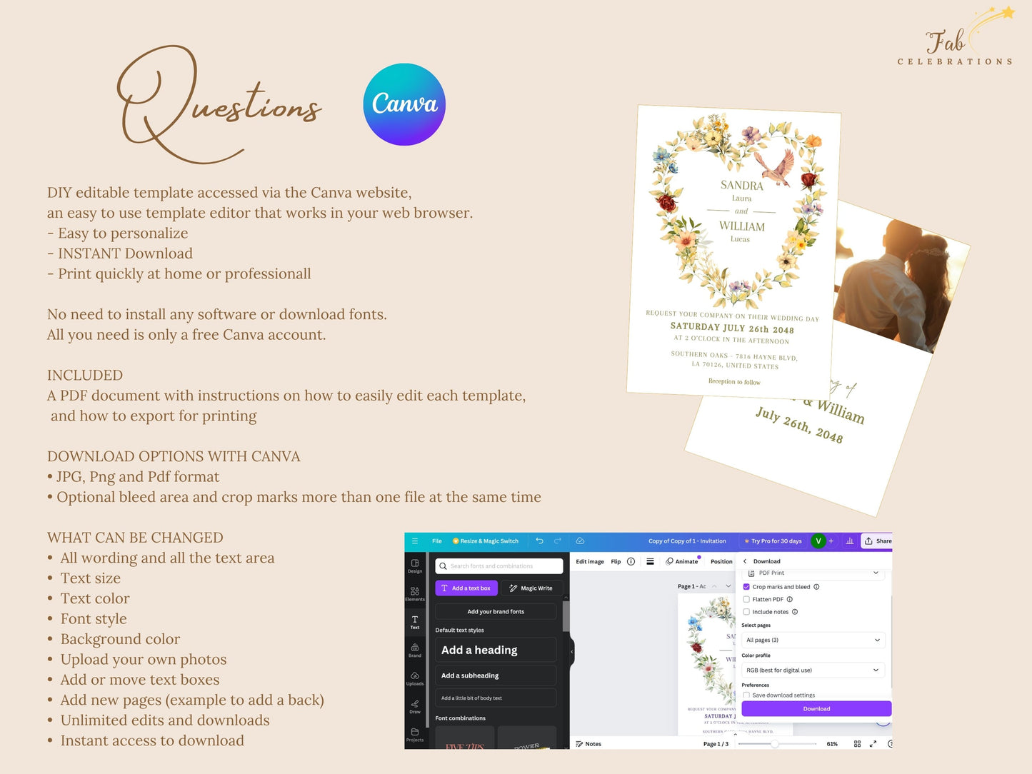 Dove wedding details template featuring watercolor-inspired botanical florals, romantic floral heart composition and editable Canva design for personalized wedding information.