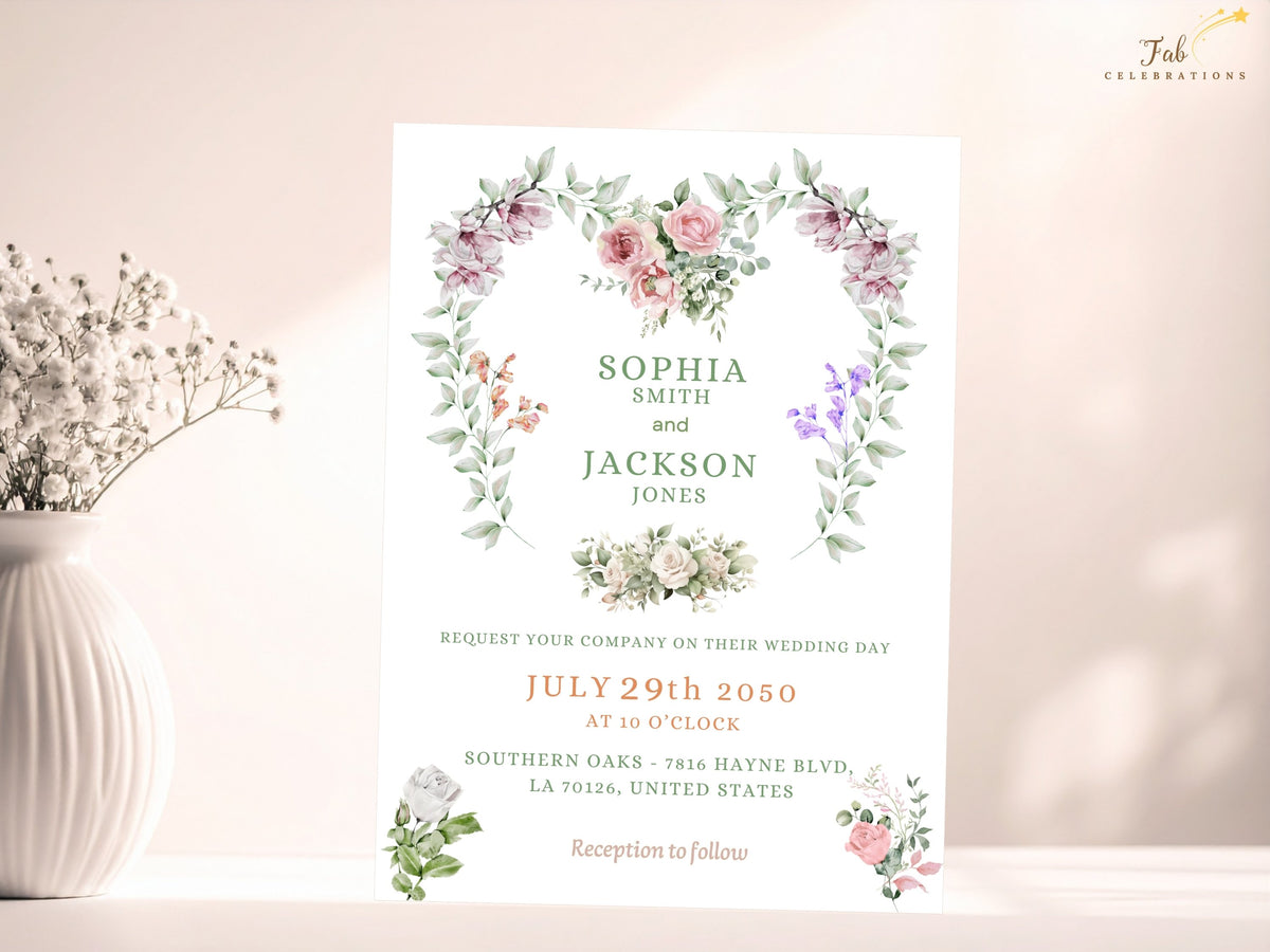 Editable wedding invitation showcasing a watercolor-inspired floral heart with soft blush flowers, botanical greenery and refined typography, designed to coordinate beautifully with matching Canva wedding stationery.