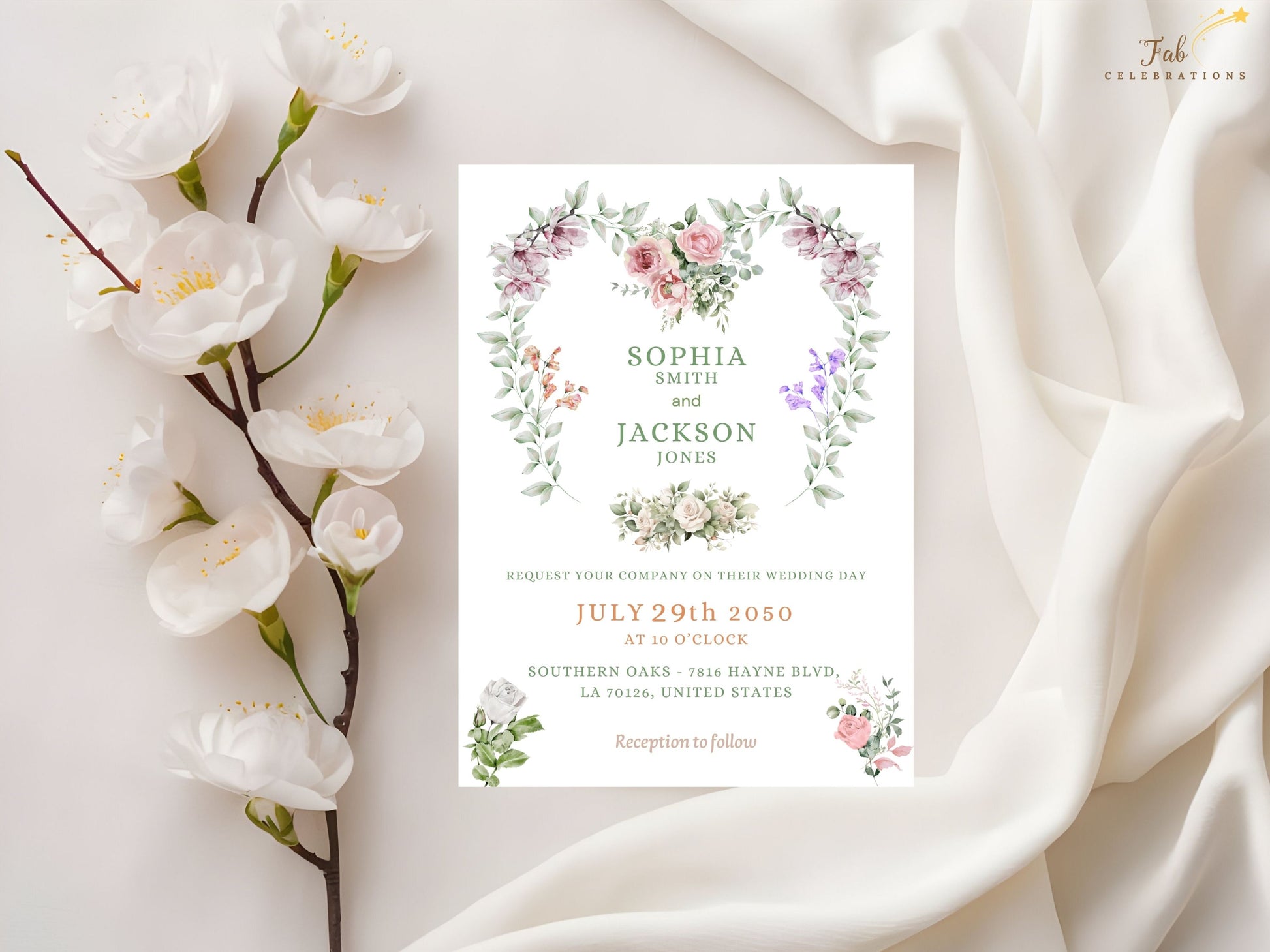 Canva wedding template blush roses and lavender sprigs arranged in a floral heart composition for romantic garden wedding invitation cards.