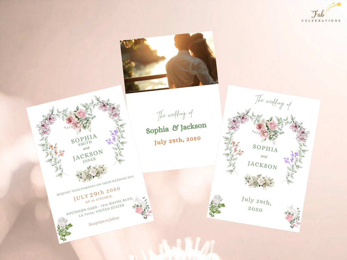 Canva Wedding Template featuring the editable invitation with two coordinating back designs, including one elegant floral reverse and one customizable photo layout, decorated with watercolor-inspired flowers and refined typography.