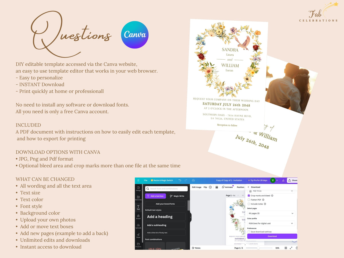 Canva wedding template help guide answering common questions about editing text, changing fonts and colors, replacing photos, downloading files, and personalizing every card with ease.