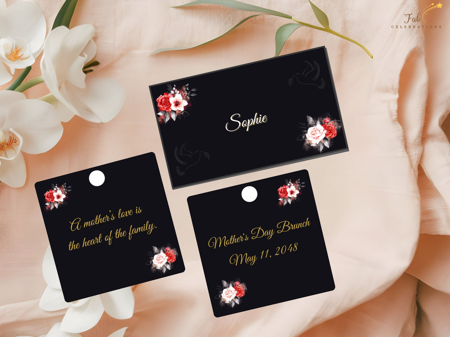 Complete Mother’s Day Card Set invitation card showcasing glowing gold lettering on deep black backdrop with watercolor-inspired rose florals and fully customizable Canva text layout.
