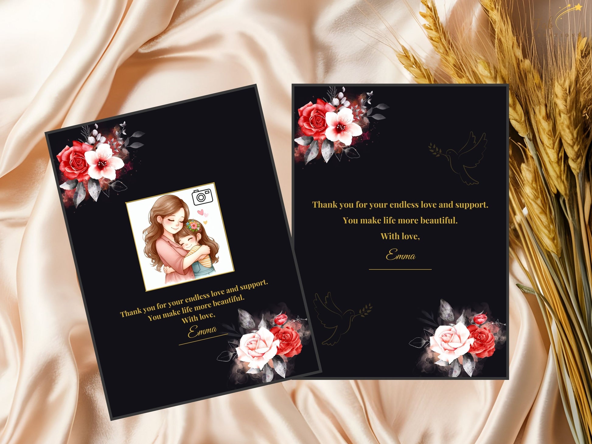Complete Mother’s Day Card Set menu card in elegant 4x9 format featuring dramatic black background, refined gold text, and romantic floral design ideal for an elevated brunch table setting.