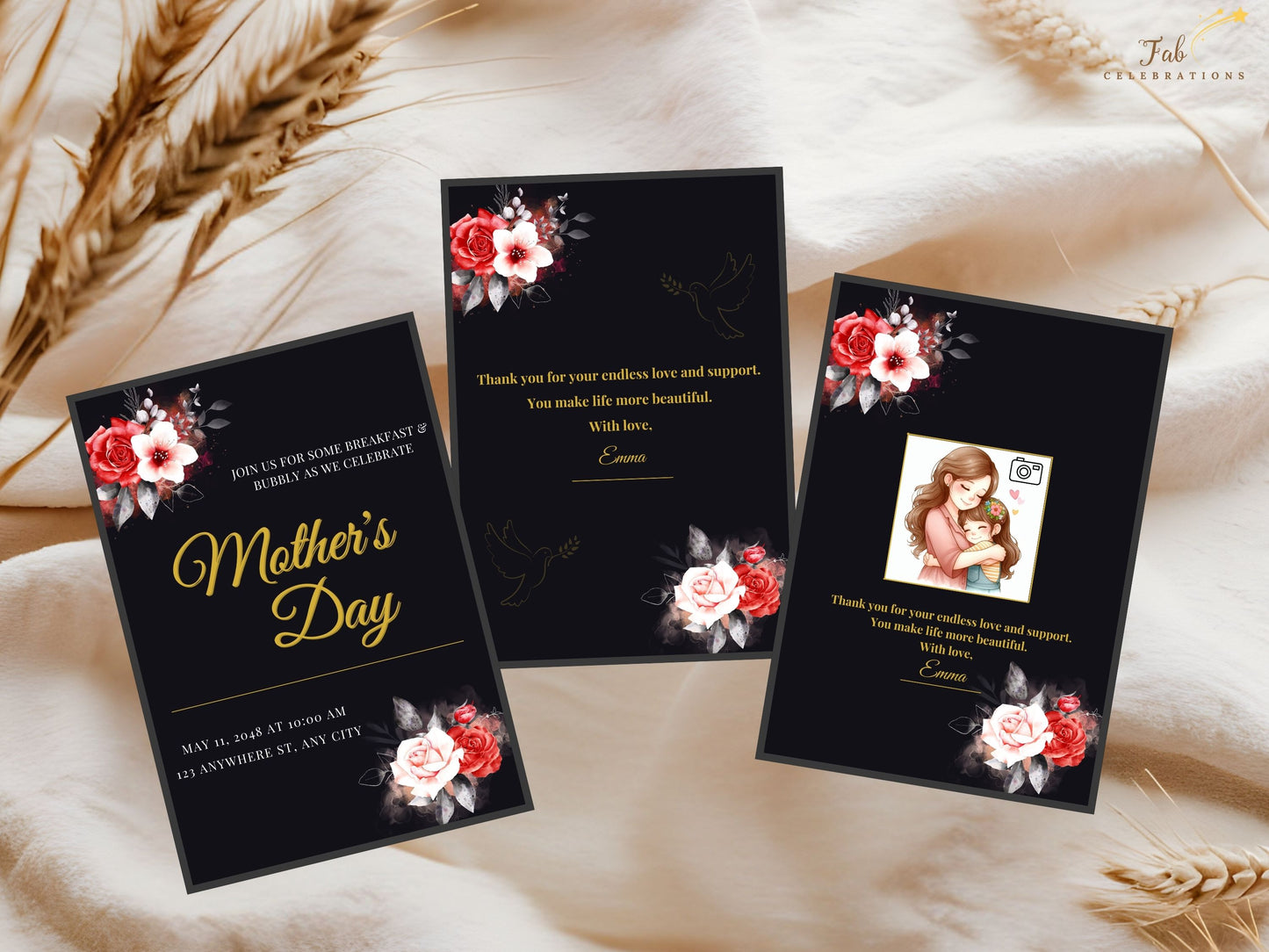 Complete Mother’s Day Card Set designed with dramatic black backgrounds, luxurious gold typography, and romantic red and white floral artwork, perfect for a stylish and meaningful Mother’s Day gathering.
