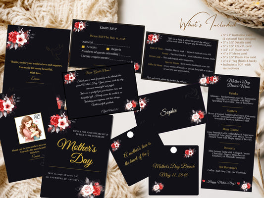 Complete Mother’s Day Card Set featuring seven coordinated black and gold floral designs with radiant typography, red and white watercolor-inspired roses, and editable Canva templates for an elegant and heartfelt celebration.