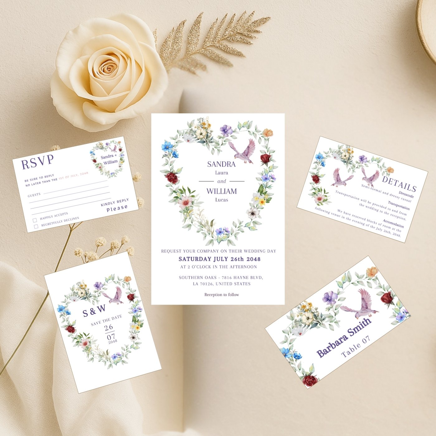 Editable wedding invitation suite with floral heart and doves, watercolor-inspired romantic design