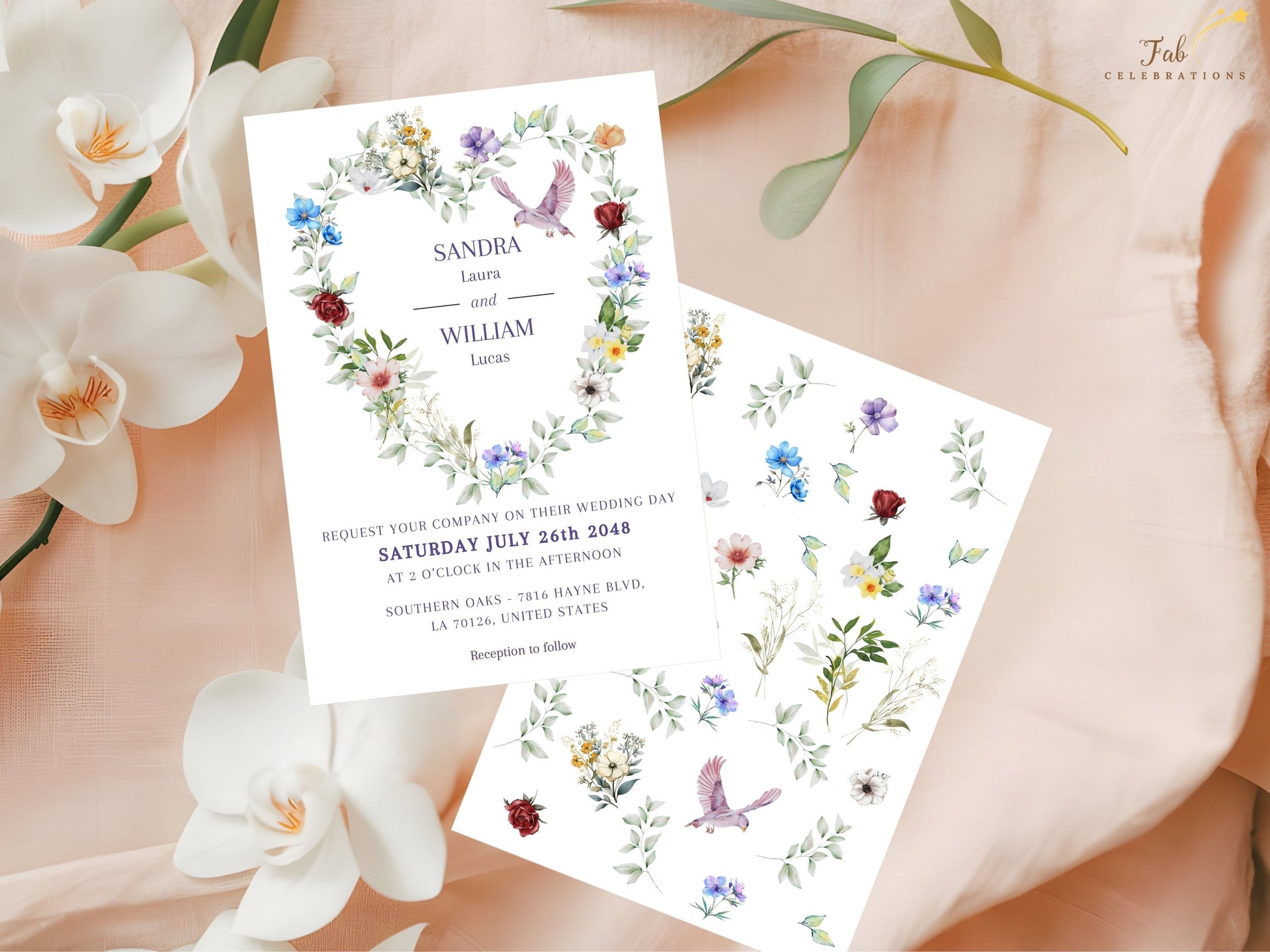 Wedding invitation template displayed alongside the watercolor-inspired floral elements used to create the collection, showcasing delicate roses, soft greenery and botanical details surrounding the signature dove motif.