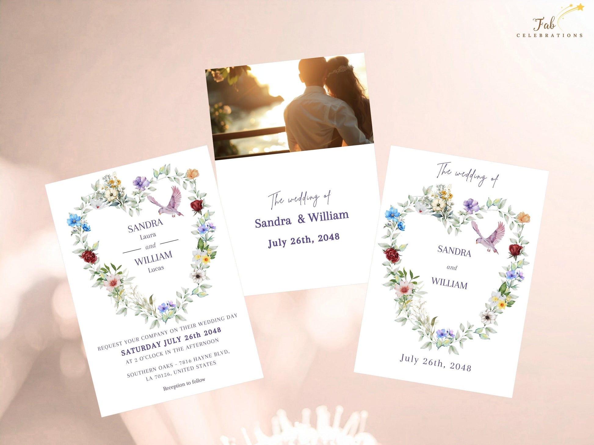 Editable wedding invitation featuring the main card with two coordinating back designs, including one elegant floral reverse and one customizable photo layout, decorated with watercolor-inspired blooms, graceful dove illustrations and refined typography.
