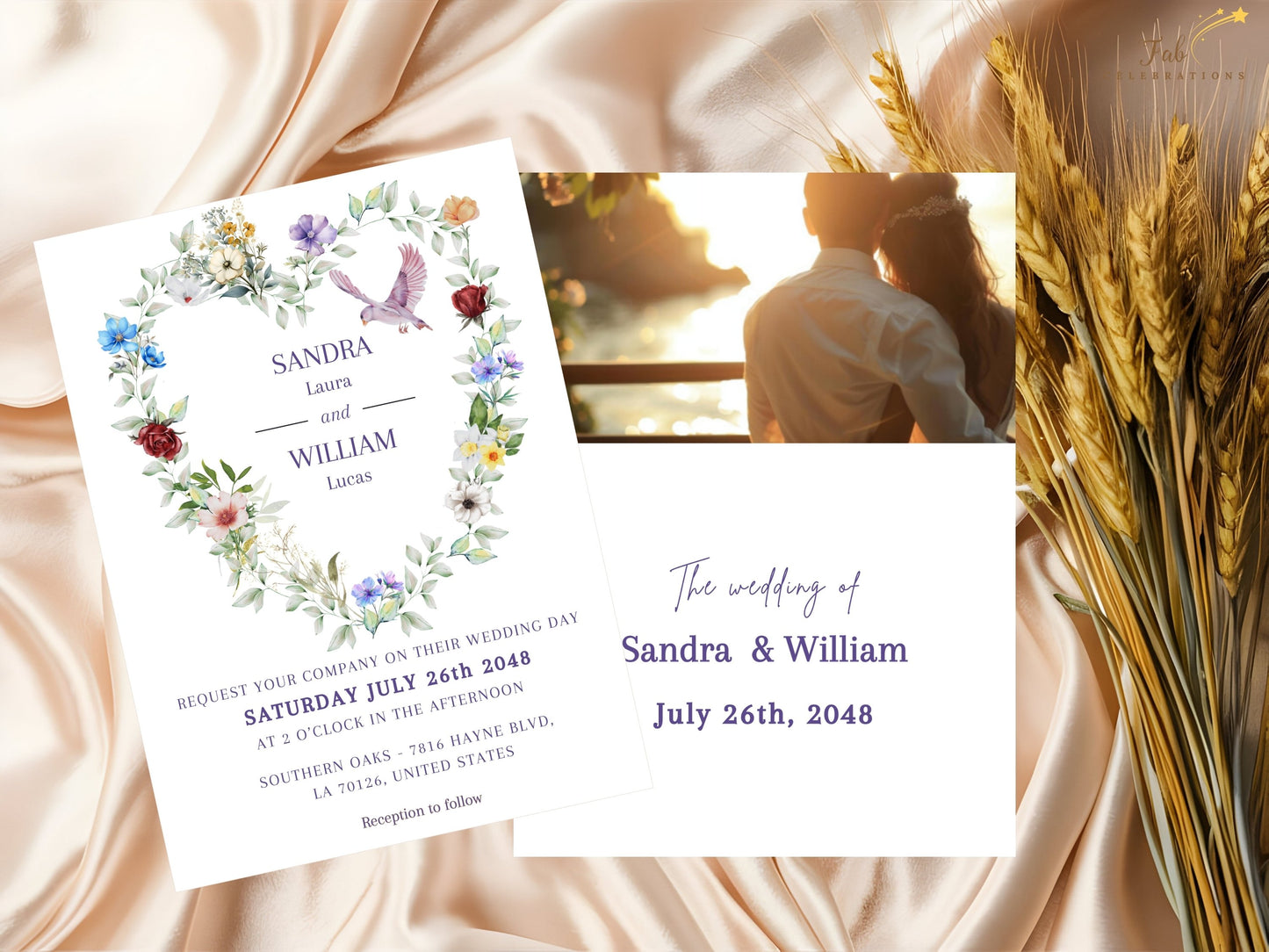 Editable invitation card paired with a customizable photo back design, combining watercolor-inspired floral heart artwork, peaceful dove illustration and elegant typography for personalized wedding stationery.