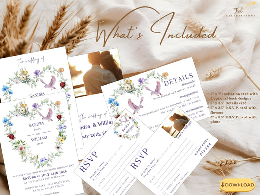 Dove wedding invitations rustic boho suite featuring watercolor dove motifs, soft florals and countryside elegance, perfect for couples seeking peace, unity and heartfelt wedding celebrations.