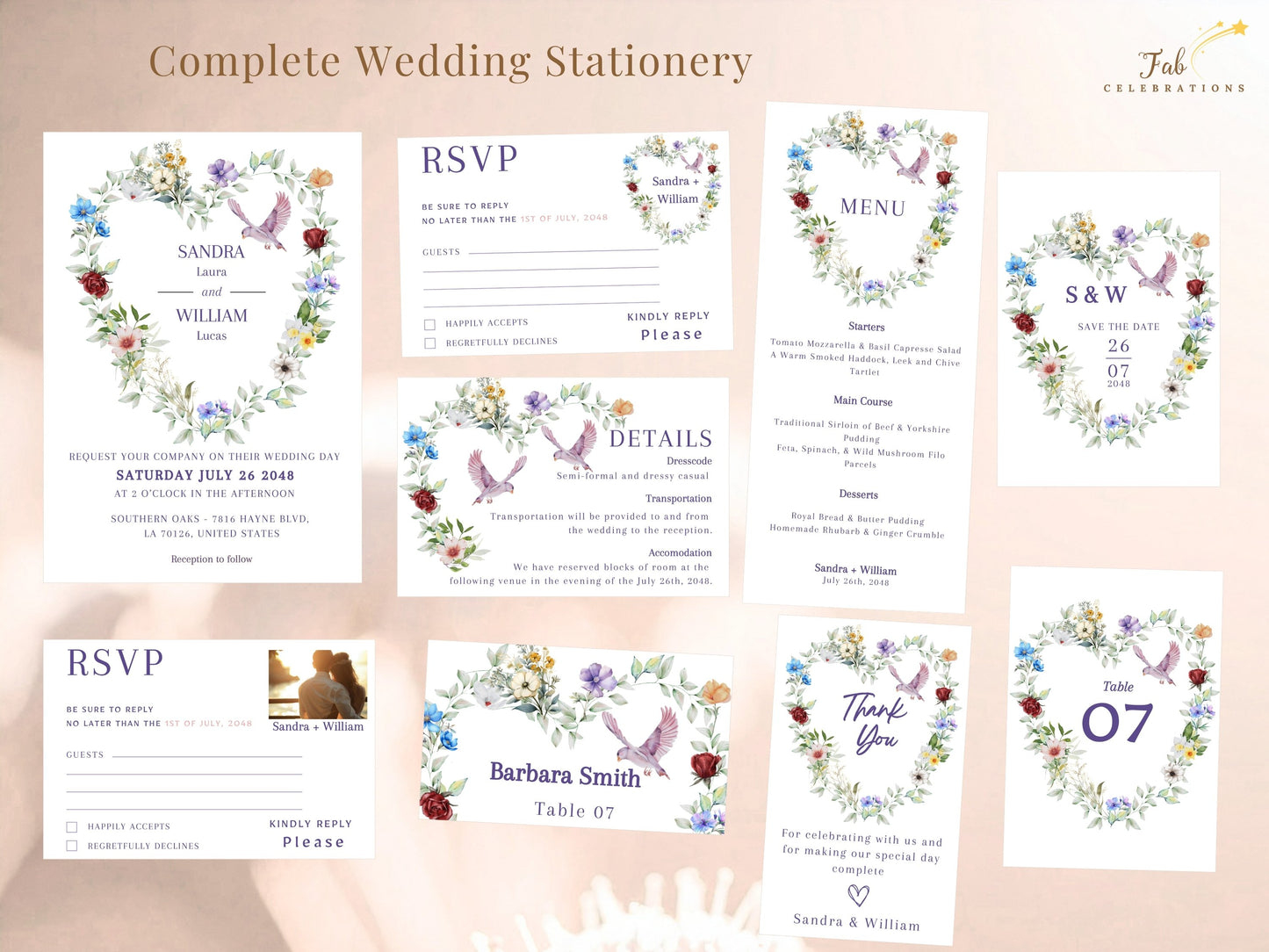 Dove wedding invitations complete wedding stationery collection featuring 11 editable Canva templates including invitation, RSVP, details, save the date, menu, table number, place card and thank you card with watercolor-inspired floral heart and dove motifs.