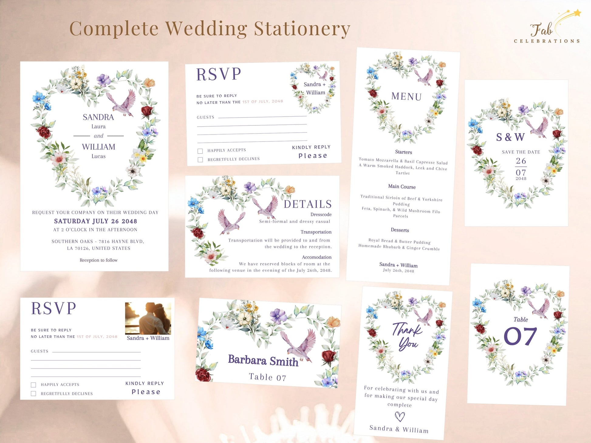Dove wedding invitations complete wedding stationery collection featuring 11 editable Canva templates including invitation, RSVP, details, save the date, menu, table number, place card and thank you card with watercolor-inspired floral heart and dove motifs.