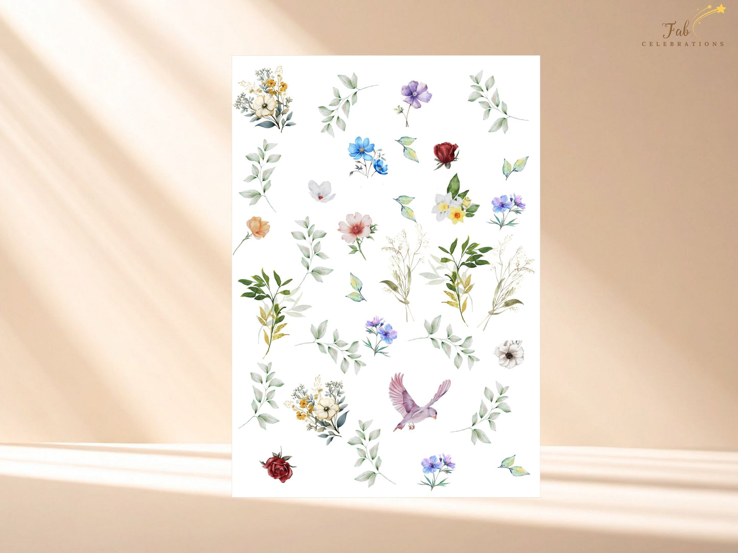 Floral inspiration board showcasing the watercolor-inspired flowers, delicate roses, soft greenery and botanical elements used to create the Dove Wedding Invitations collection, highlighting the elegant color palette and graceful dove theme.