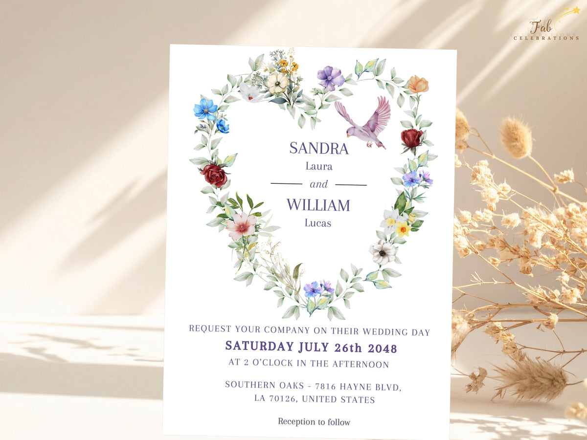 Dove Wedding Invitations design featuring a romantic heart-shaped arrangement of watercolor-inspired flowers and greenery surrounding the couple's names with a graceful flying dove.