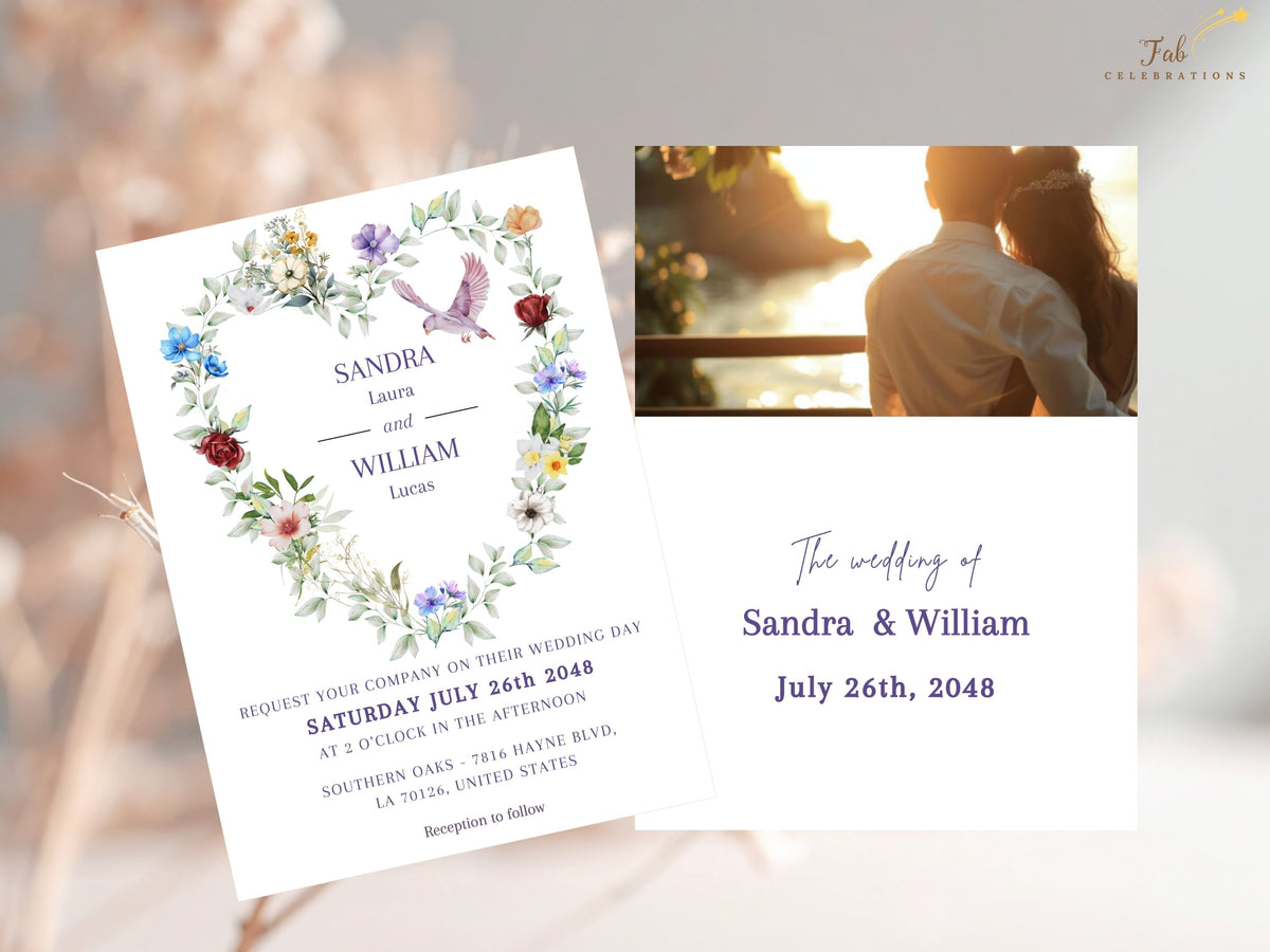 Wedding invitation front paired with a coordinating photo back, combining the watercolor-inspired floral heart and dove artwork with space for a favorite couple photograph.
