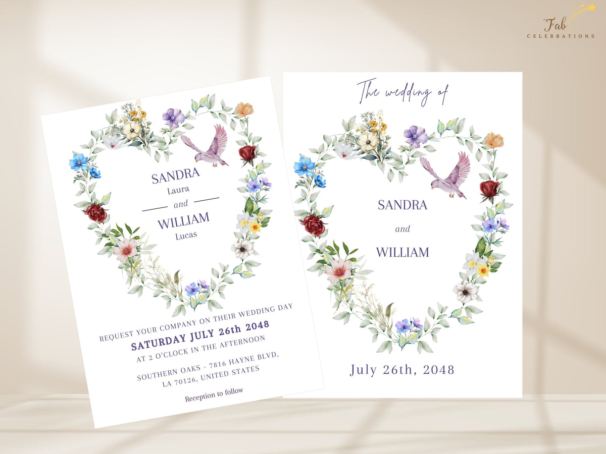 Wedding invitation front and coordinating text back displayed together, both featuring the romantic watercolor-inspired floral heart, delicate greenery and graceful dove design.