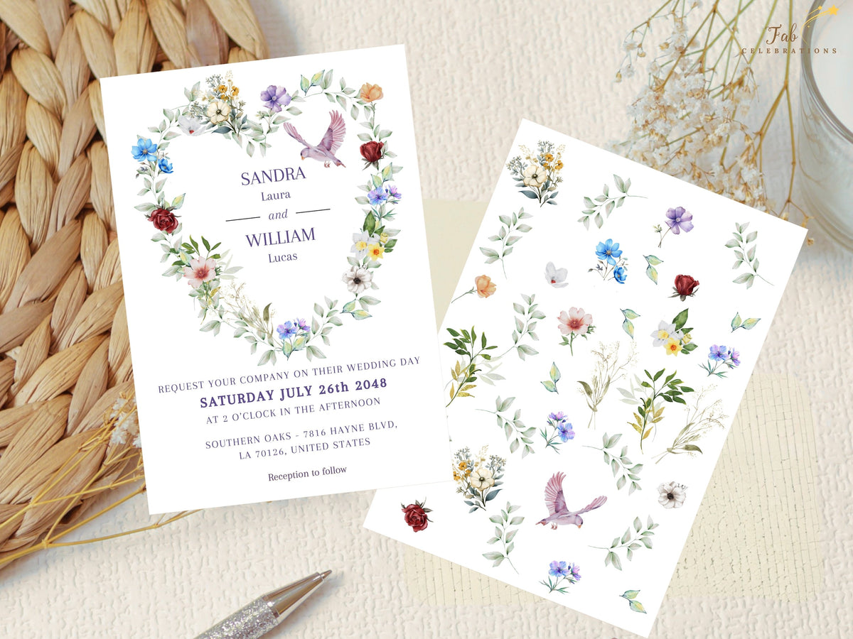 Wedding invitation displayed beside the watercolor-inspired floral elements used in the collection, showing the multicolored flowers, botanical greenery and dove details behind the design.
