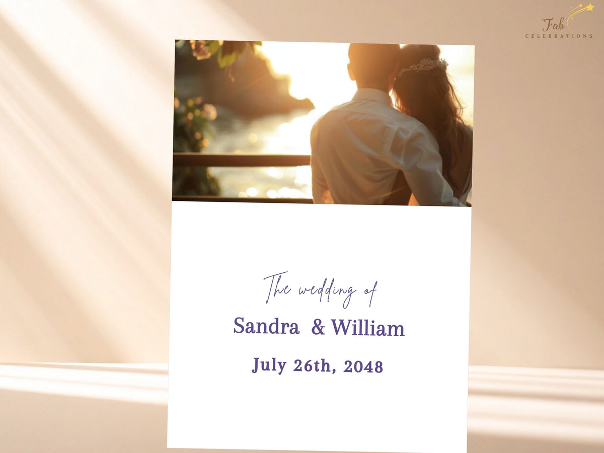 Wedding invitation photo back featuring a romantic couple image above the couple's names and wedding date, designed to coordinate with the watercolor-inspired floral heart invitation suite.