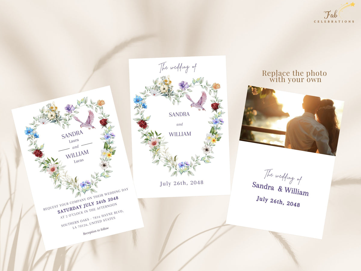 Wedding invitation shown with two coordinating back designs, one featuring elegant wedding text and the other a couple photo, all matching the watercolor-inspired floral heart and dove design.