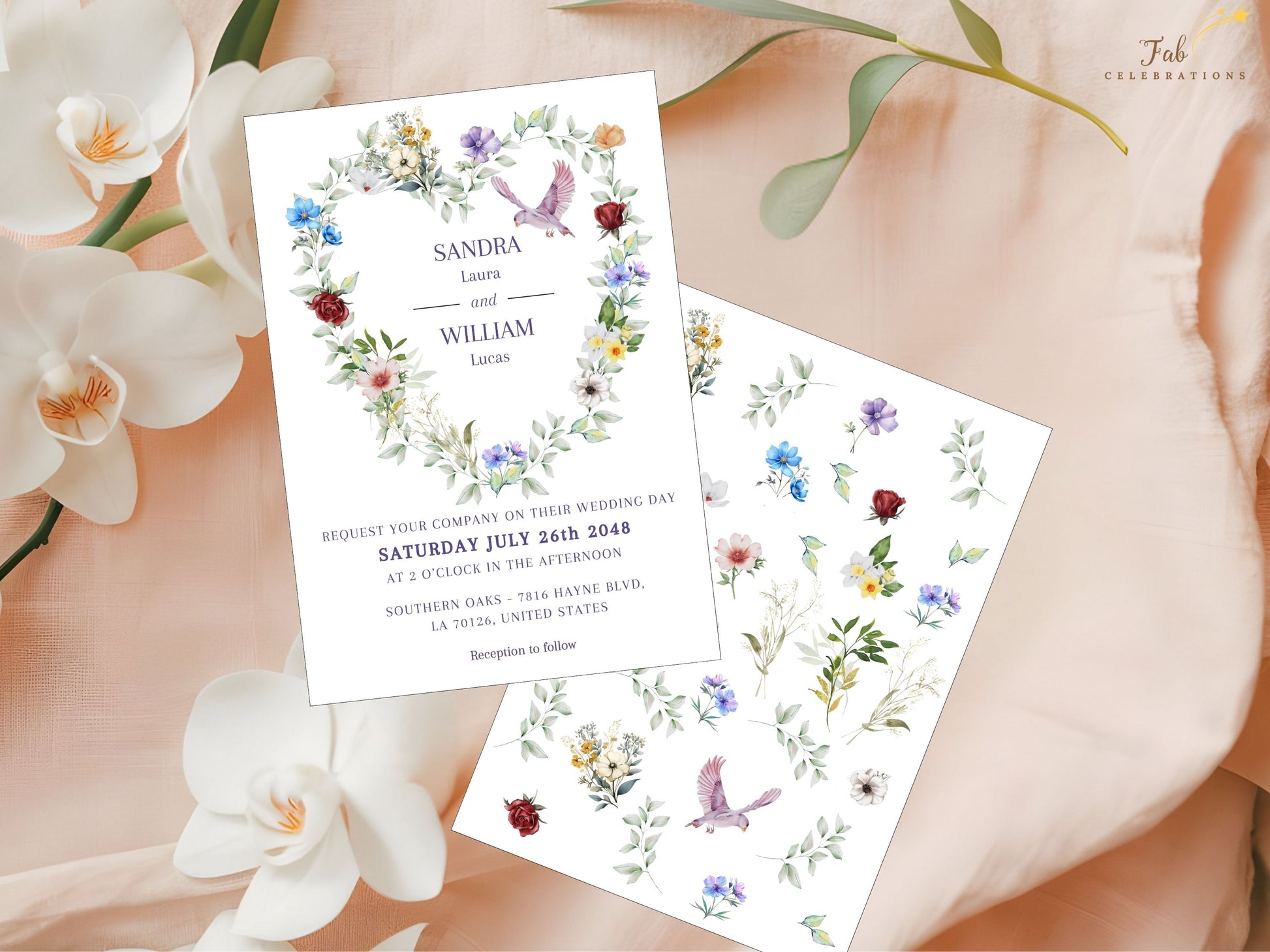 Dove wedding invitations watercolor floral design with graceful bird symbols, rustic botanical accents and editable Canva layout, ideal for nature-loving couples planning countryside ceremonies.