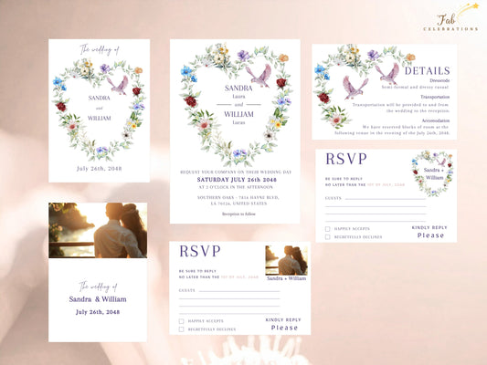 Dove Wedding Invitations set of six editable templates featuring a watercolor-inspired floral heart with a dove, including invitation designs, two RSVP cards and a wedding details card.
