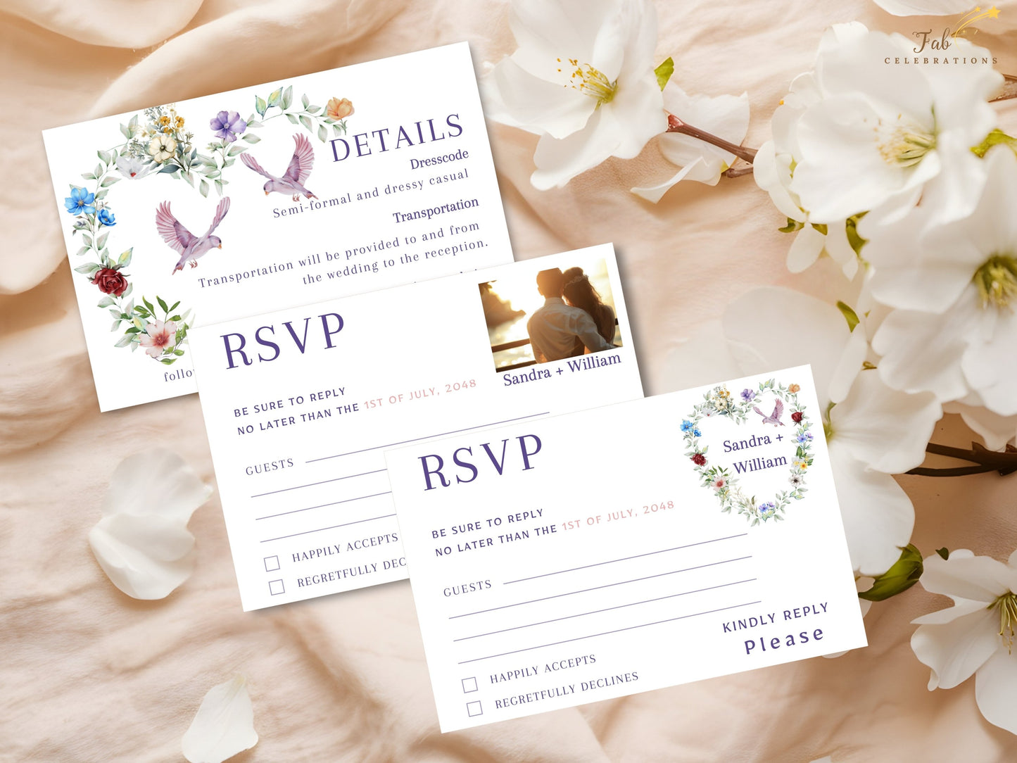 Wedding RSVP cards featuring two coordinating response card designs including one customizable photo version alongside the matching details card, decorated with watercolor-inspired florals and graceful dove illustrations.