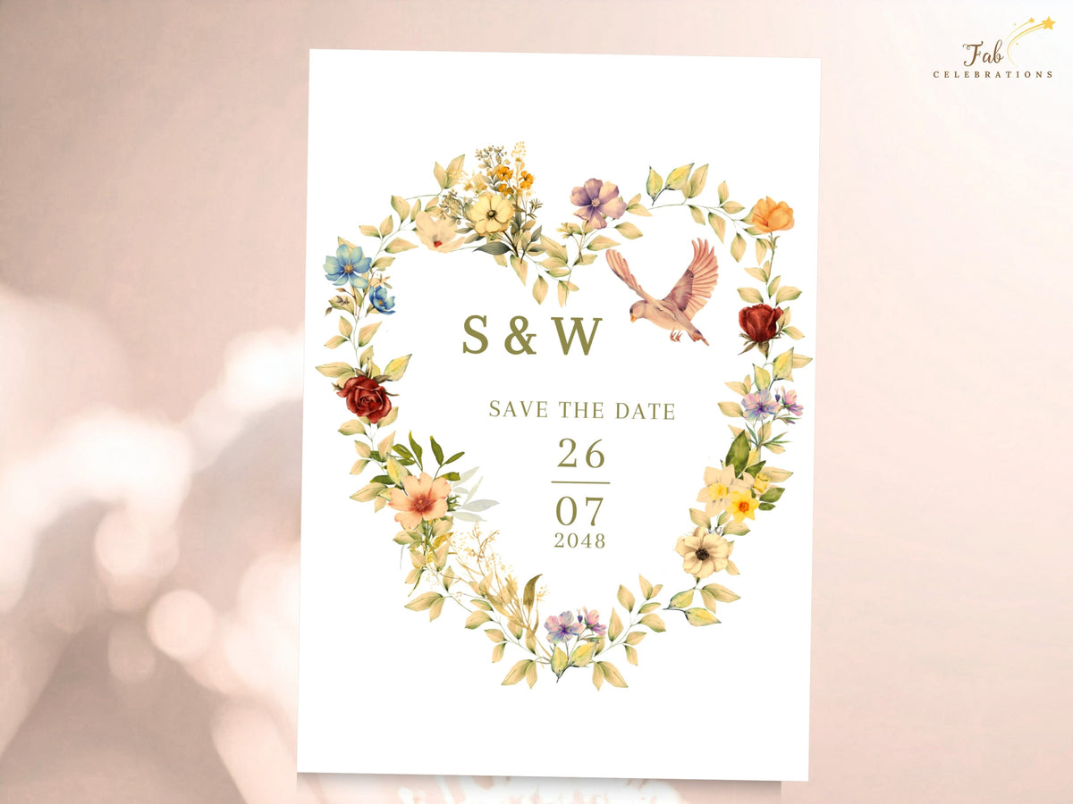 Printable Save the Date Card showing an airy floral heart made from watercolor-inspired flowers, two doves, and editable names and date details for a coordinated romantic weddings.