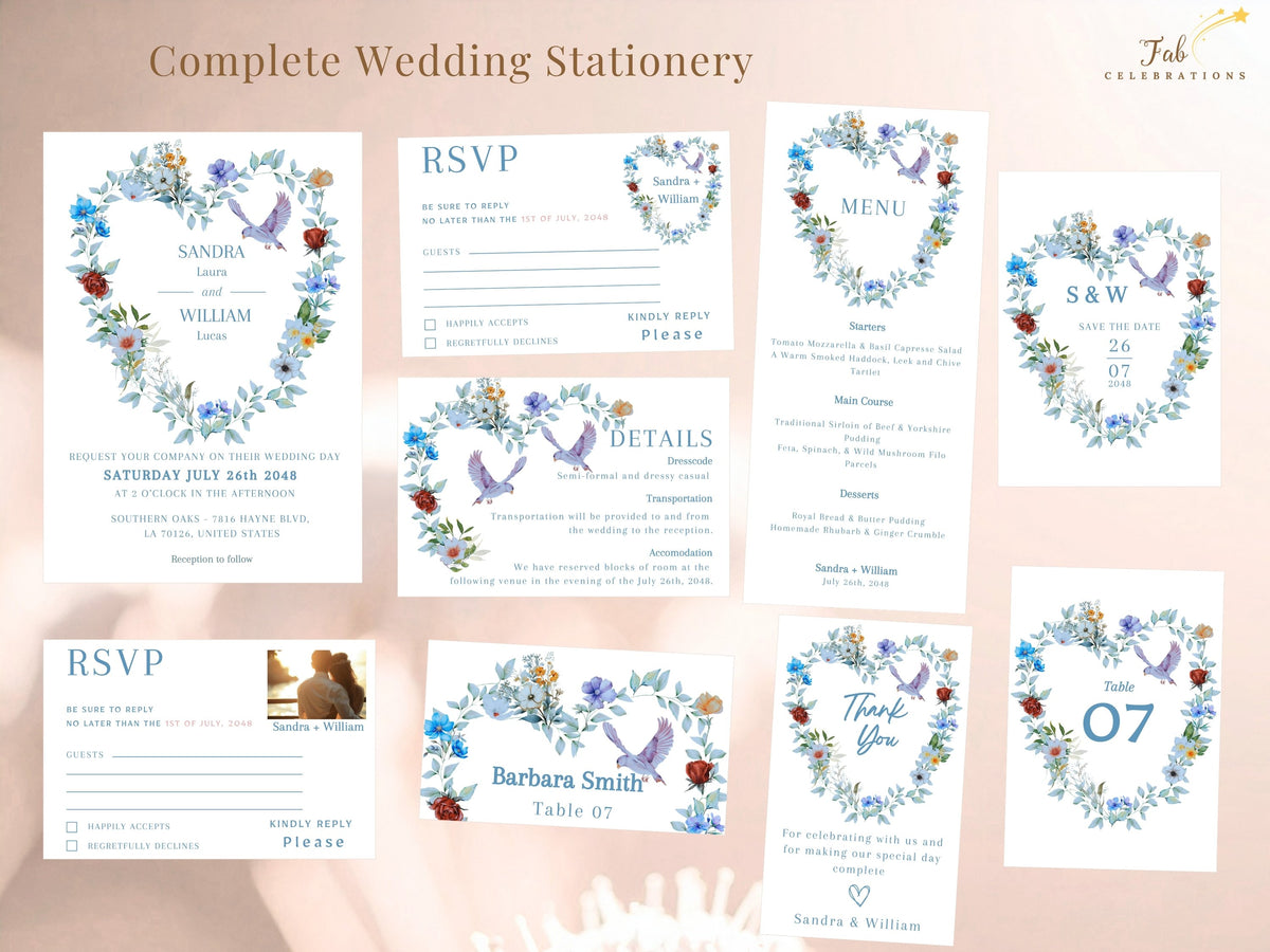 Dusty Blue Wedding Invitation Set showing the complete collection of eleven coordinated templates, including invitation designs, RSVP cards, details, save the date, table number, place card, menu and thank you card.