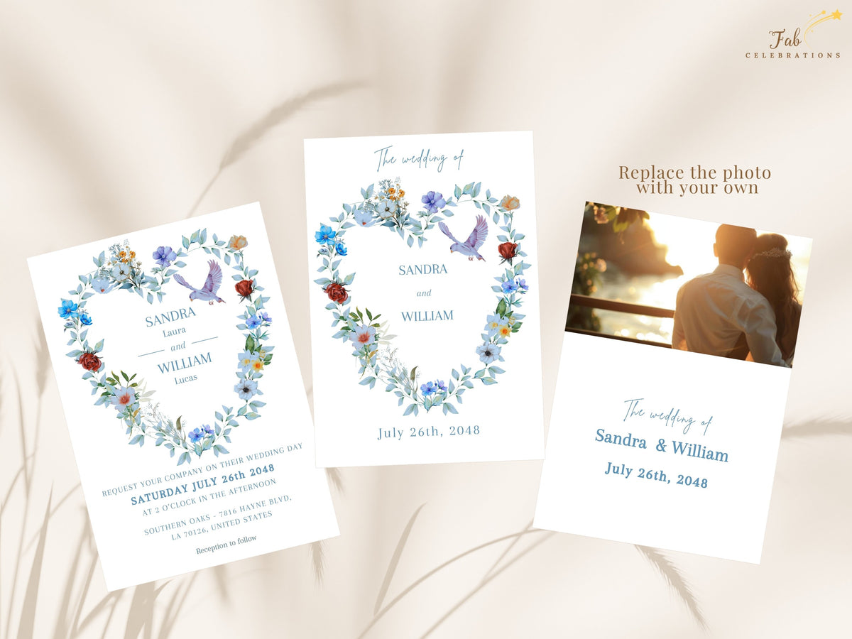 Dusty Blue Wedding Invitation Set featuring the invitation front with two coordinated back options, including an elegant text layout and a personalized photo layout with watercolor-inspired floral dove details.