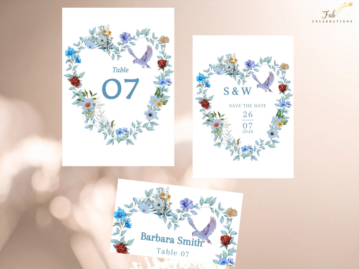 Three coordinated reception and announcement templates showing a table number, save the date and place card, each featuring watercolor-inspired dusty blue florals, greenery and graceful dove illustrations.