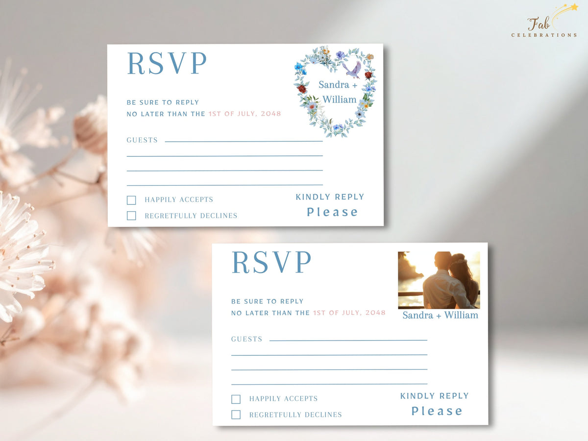 Two coordinated RSVP card templates, including a classic response layout and a personalized photo version, both decorated with watercolor-inspired dusty blue flowers, greenery and delicate dove accents.