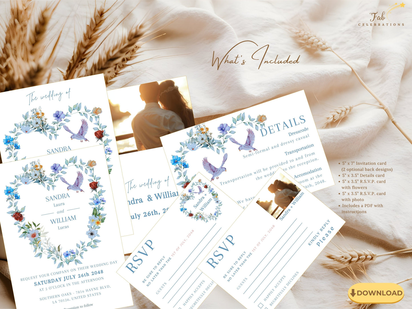 Blue Floral Wedding Invitation Suite featuring a watercolor-inspired blue floral heart wreath with graceful doves, editable Canva wedding templates designed for romantic and elegant celebrations.