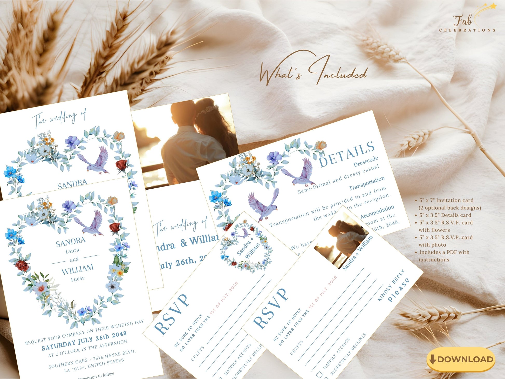 Blue Floral Wedding Invitation Suite featuring a watercolor-inspired blue floral heart wreath with graceful doves, editable Canva wedding templates designed for romantic and elegant celebrations.