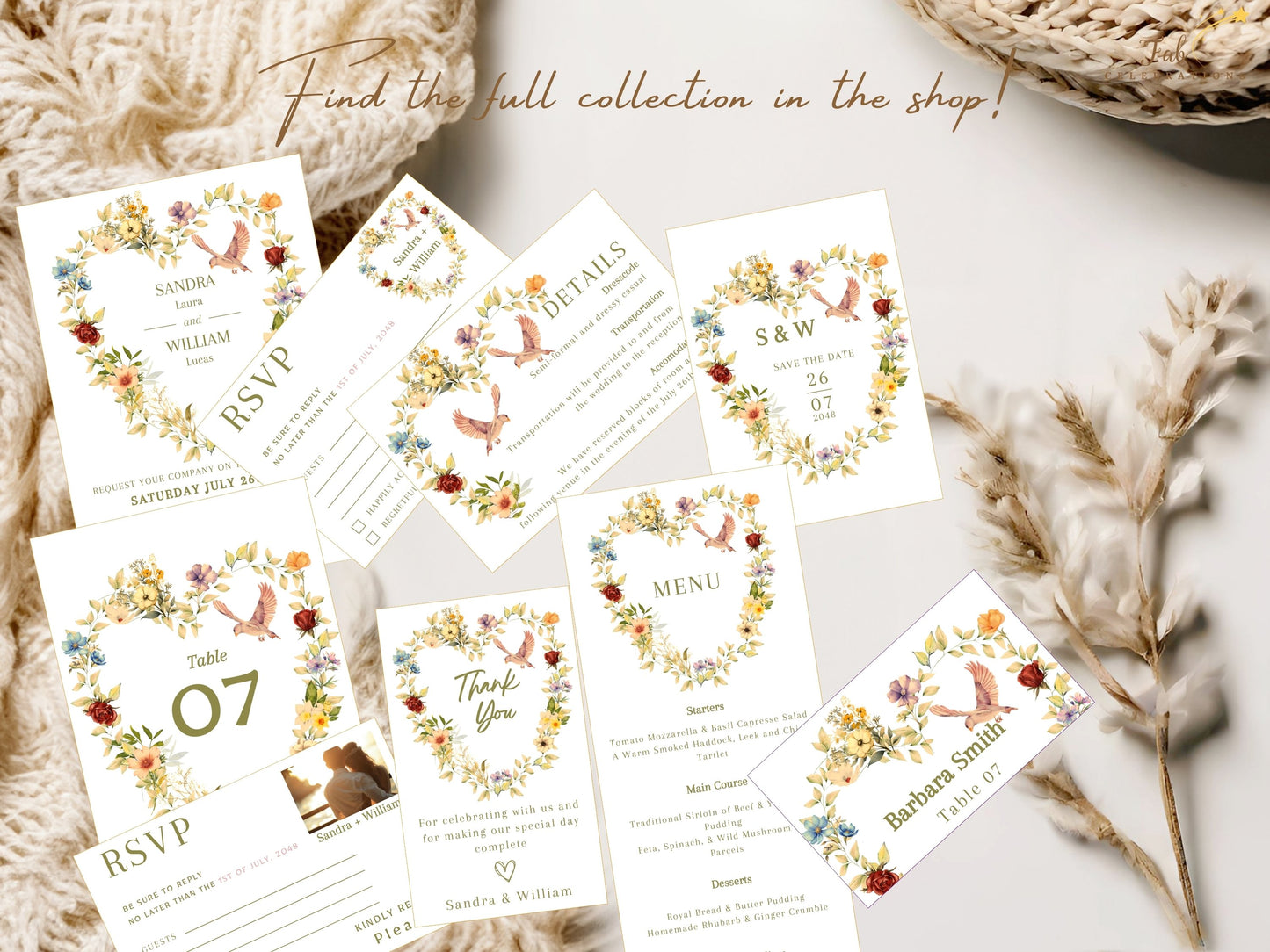 Floral heart RSVP card decorated with watercolor-inspired botanical flowers and graceful dove illustration for beautifully coordinated printable wedding stationery.