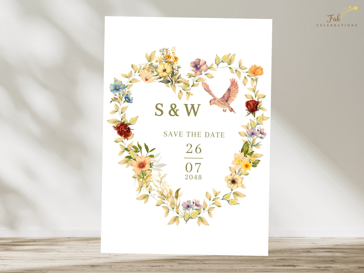Printable floral dove Save the Date Card featuring an elegant flower-filled heart, two doves, and editable initials and wedding date, ready to personalize using the easy Canva editor.
