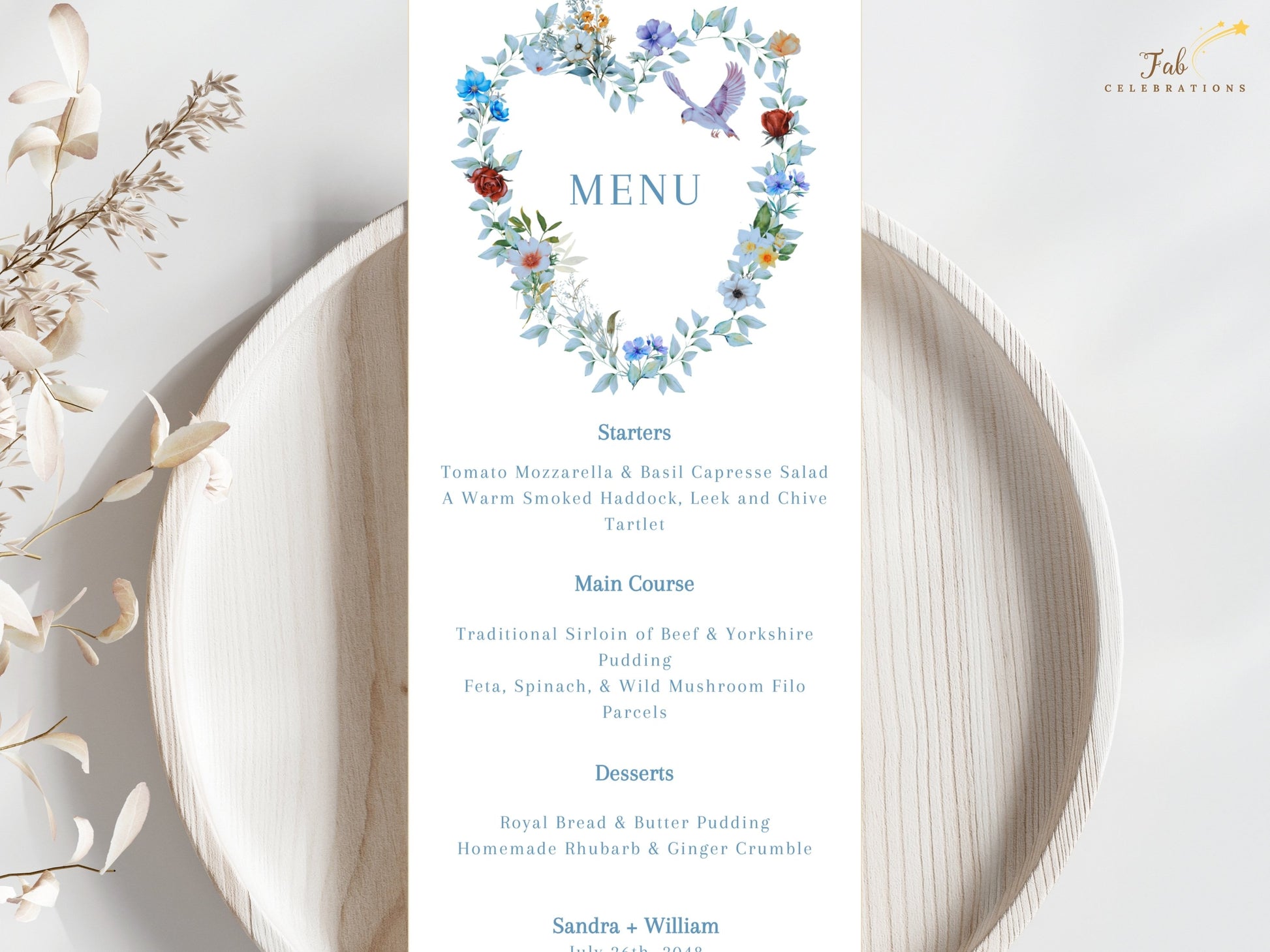 Blue floral wedding menu template with elegant botanical decorations and editable Canva format designed for sophisticated wedding reception table settings.