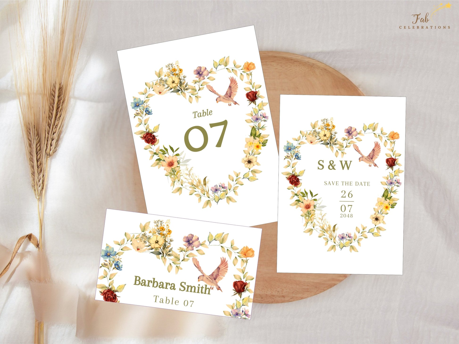 Editable pastel floral wedding invitation suite designed with soft watercolor florals, elegant dove illustrations and timeless botanical artwork for beautifully coordinated wedding celebrations.
